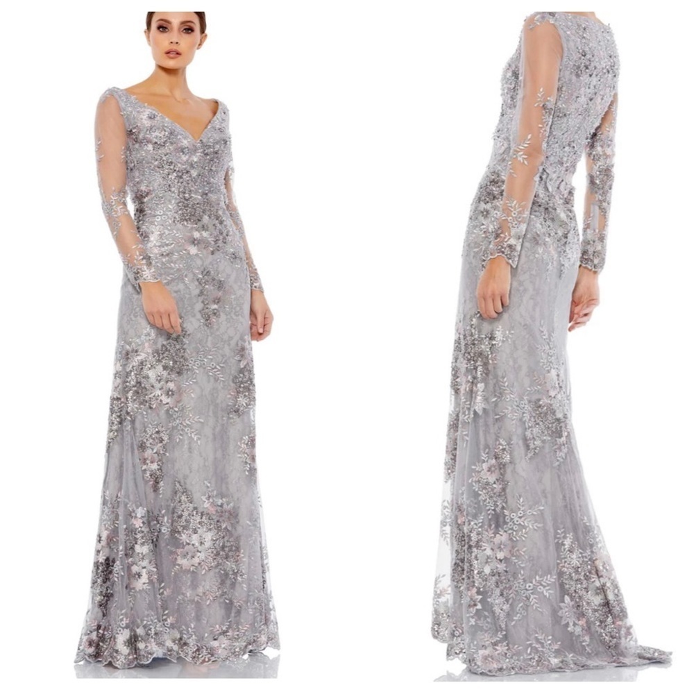 Mac Duggal V Neck Illusion Long Sleeve Embellished Evening Gown Plus Size 18